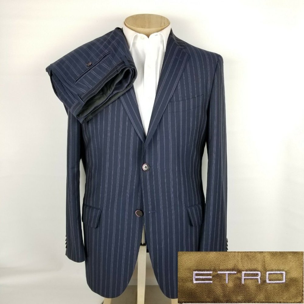 Etro Mens Suit 42R Blue Purple Stripe 2 Piece